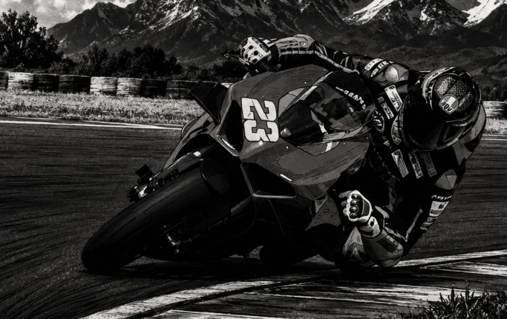 Imagem a preto e branco de Luca Salvadori numa Ducati V4-S de série
