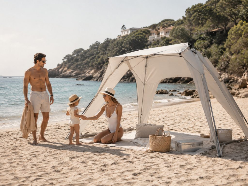 Família moderna numa praia junto a uma tenda de praia clara, com mãe e criança à sombra e pai em pé ao lado, num cenário costeiro elegante.
