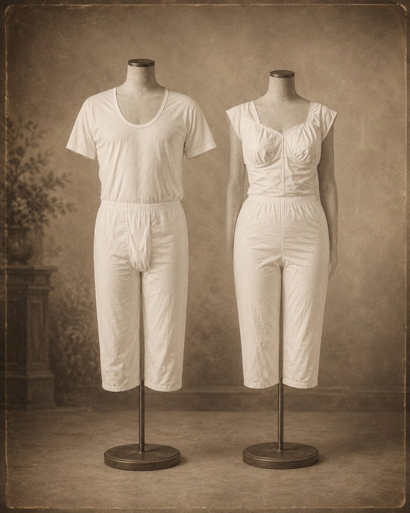 Imagem em tons sépia, com estilo antigo, mostrando duas vestes sagradas brancas expostas em suportes num cenário minimalista de inspiração western, representando os modelos tradicionais antes da actualização para versões mais leves e respiráveis.