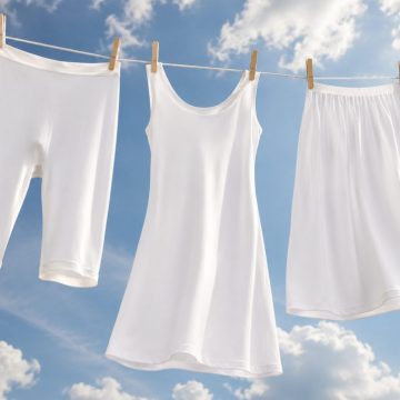 Três vestes sagradas femininas brancas penduradas num estendal — calções justos até acima do joelho, combinação sem mangas e saia branca pelo joelho — contra um céu azul de Verão com nuvens suaves, em estilo luminoso e sereno.