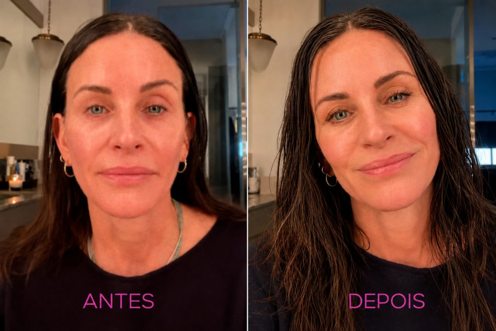 Imagem lado a lado, em estilo antes e depois, mostrando uma mulher com maquilhagem mínima à esquerda e um look final mais polido e luminoso à direita, com cabelo molhado e aparência natural, num ambiente interior com luz quente.