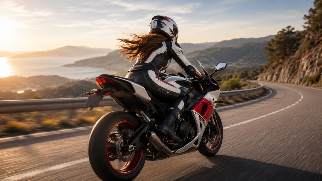 Motociclista apresentada como mulher jovem, vista de trás a conduzir uma mota numa estrada aberta, com capacete e cabelo a sair pela parte de trás, representando uma persona digital idealizada.