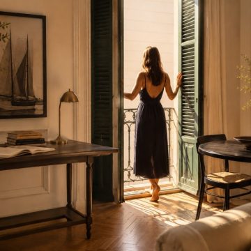 Mulher junto a uma varanda aberta num apartamento elegante de inspiração portuguesa, iluminado pela luz dourada do verão, com portadas verdes, mobiliário clássico e ambiente acolhedor que evoca conforto e frescura durante os dias quentes.