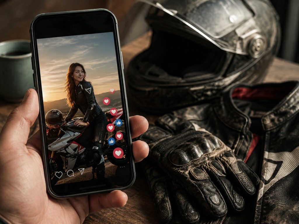 Telemóvel com perfil de redes sociais desfocado, ícones de gostos e comentários, luvas de motociclista e capacete numa mesa, simbolizando validação online e identidade editada.