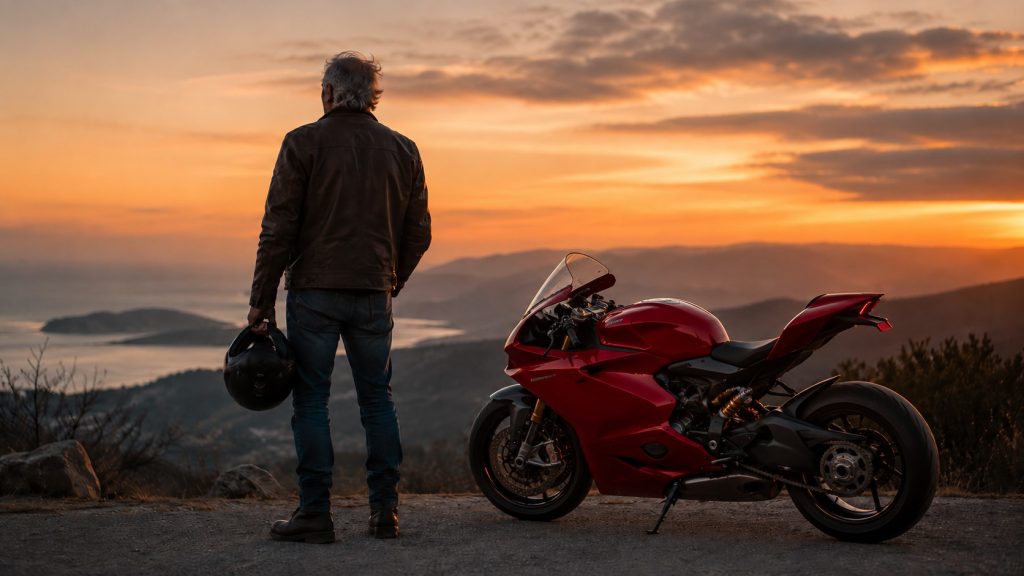 Motociclista mais velho visto de costas ao entardecer, segurando um capacete junto a uma mota desportiva vermelha, com montanhas e céu dourado ao fundo, simbolizando autenticidade, identidade real e a ideia de sermos fiéis a nós próprios.