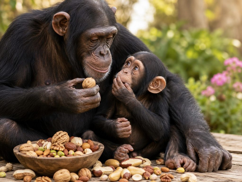 Chimpanzé adulto com uma cria junto a uma taça de frutos secos, num ambiente natural e luminoso, com nozes e outros frutos secos espalhados sobre uma superfície de madeira.