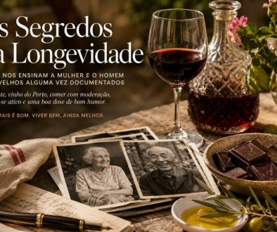 Composição editorial com vinho, chocolate, azeite e fotografias antigas, evocando os pequenos prazeres e hábitos associados às histórias de longevidade de Jeanne Calment e Jiroemon Kimura.
