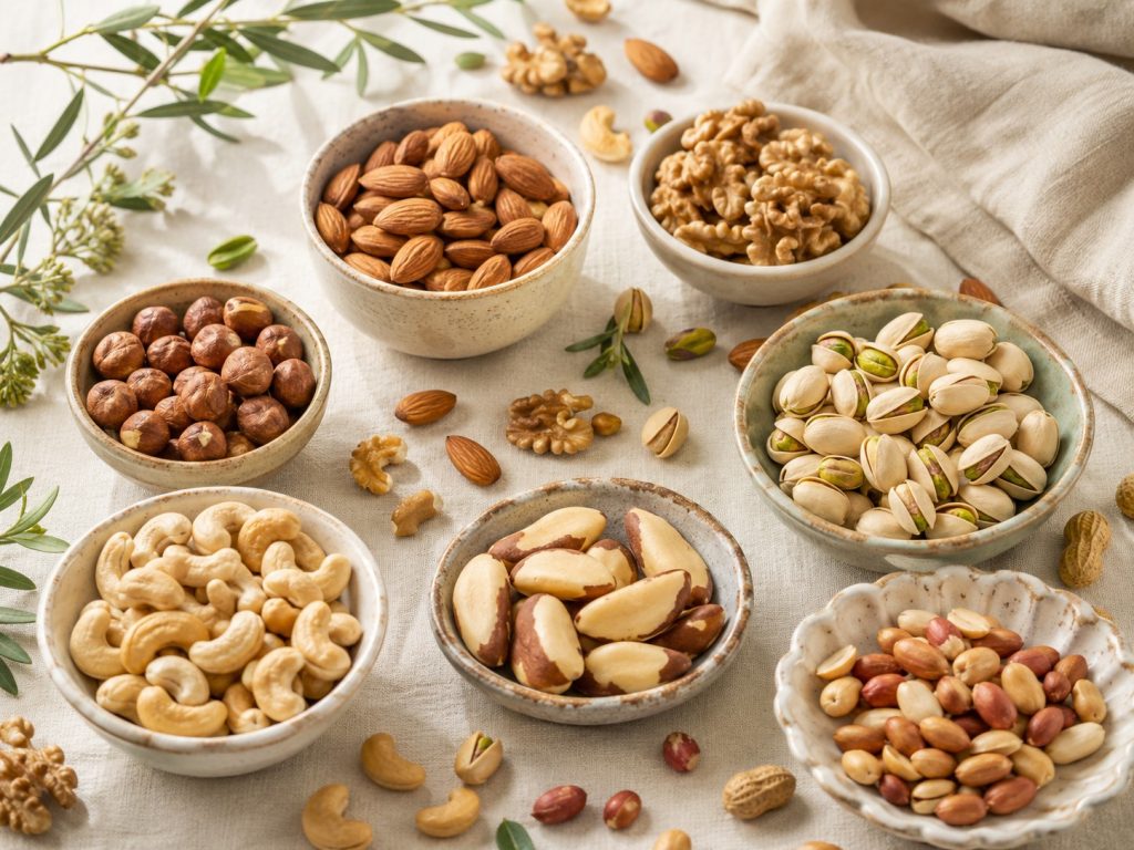 Composição luminosa de vários frutos secos — incluindo amêndoas, nozes, pistácios, avelãs, cajus, castanha-do-brasil e amendoins — dispostos sobre uma toalha de linho clara, com luz natural suave e atmosfera simples de alimentação saudável.