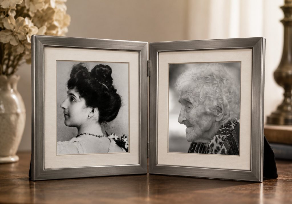 Porta-retratos duplo de mesa, em tom metálico, com duas fotografias a preto e branco lado a lado: à esquerda, retrato de perfil de uma jovem mulher; à direita, retrato de perfil de uma mulher idosa.