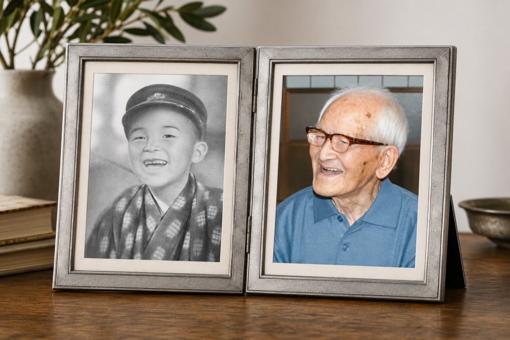 Moldura dupla em tom pewter com dois retratos lado a lado: à esquerda, fotografia a preto e branco de um rapaz sorridente; à direita, retrato a cores de um homem idoso sorridente, evocando uma vida longa.