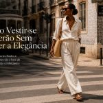 Mulher elegante atravessa uma rua de Lisboa num dia de verão, usando roupa leve em tons claros, óculos de sol e acessórios naturais, com um elétrico amarelo e edifícios históricos ao fundo.