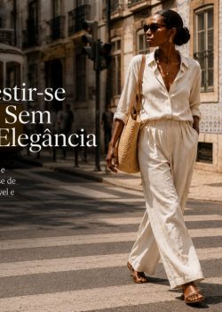 Mulher elegante atravessa uma rua de Lisboa num dia de verão, usando roupa leve em tons claros, óculos de sol e acessórios naturais, com um elétrico amarelo e edifícios históricos ao fundo.