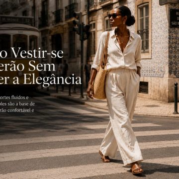 Mulher elegante atravessa uma rua de Lisboa num dia de verão, usando roupa leve em tons claros, óculos de sol e acessórios naturais, com um elétrico amarelo e edifícios históricos ao fundo.