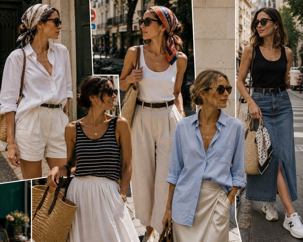 Colagem editorial inspirada no estilo urbano contemporâneo, com cinco mulheres em cenários de cidade usando camisas oversized, saias fluidas, ganga, calças largas, lenços no cabelo, óculos de sol e malas entrançadas, refletindo as tendências de acessórios do Verão 2026.