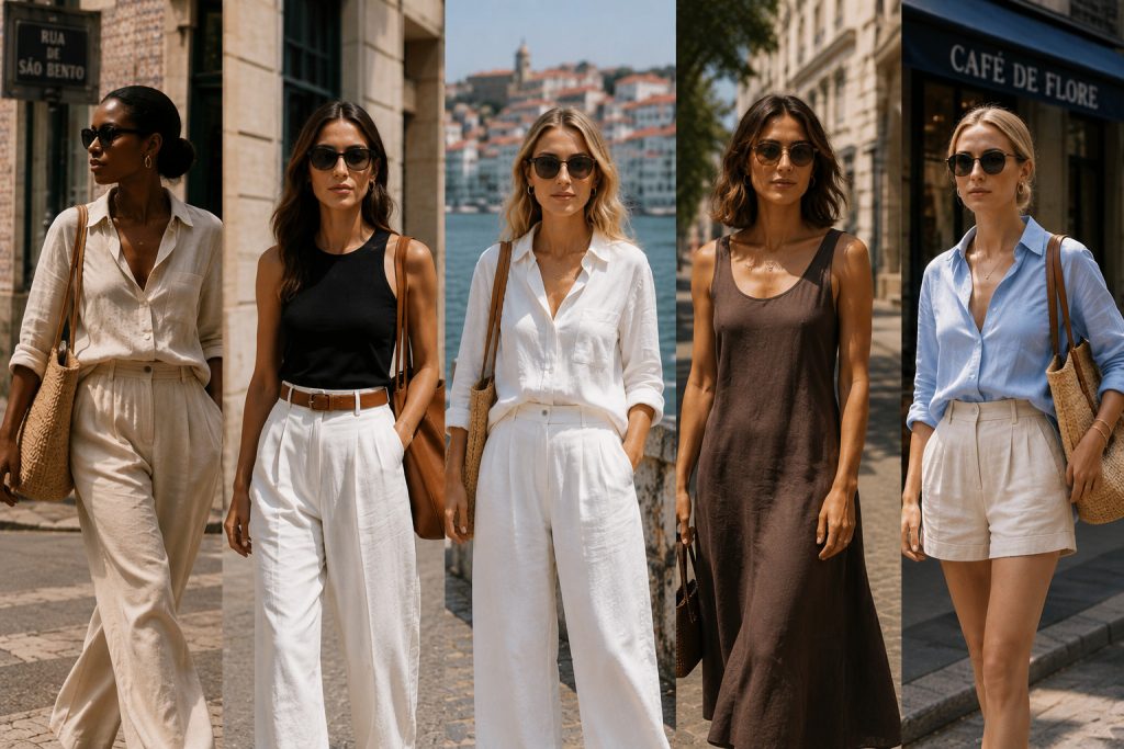Colagem editorial com cinco mulheres em diferentes cenários urbanos europeus, usando peças de verão em linho, algodão e tecidos leves, incluindo camisas amplas, vestidos fluidos e calças largas em tons suaves e naturais.
