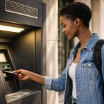 Jovem mulher com mochila utiliza uma caixa multibanco numa rua da cidade durante o dia