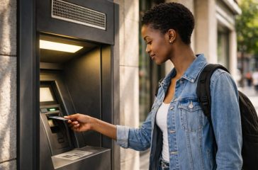 Jovem mulher com mochila utiliza uma caixa multibanco numa rua da cidade durante o dia