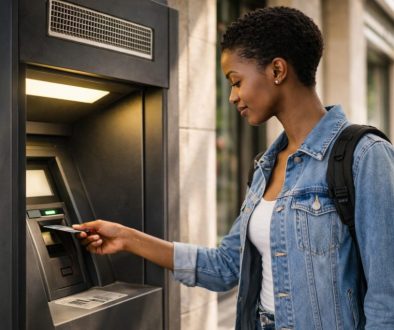 Jovem mulher com mochila utiliza uma caixa multibanco numa rua da cidade durante o dia
