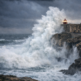 Onda de grandes dimensões a embater numa falésia da costa portuguesa durante forte agitação marítima. Imagem ilustrativa