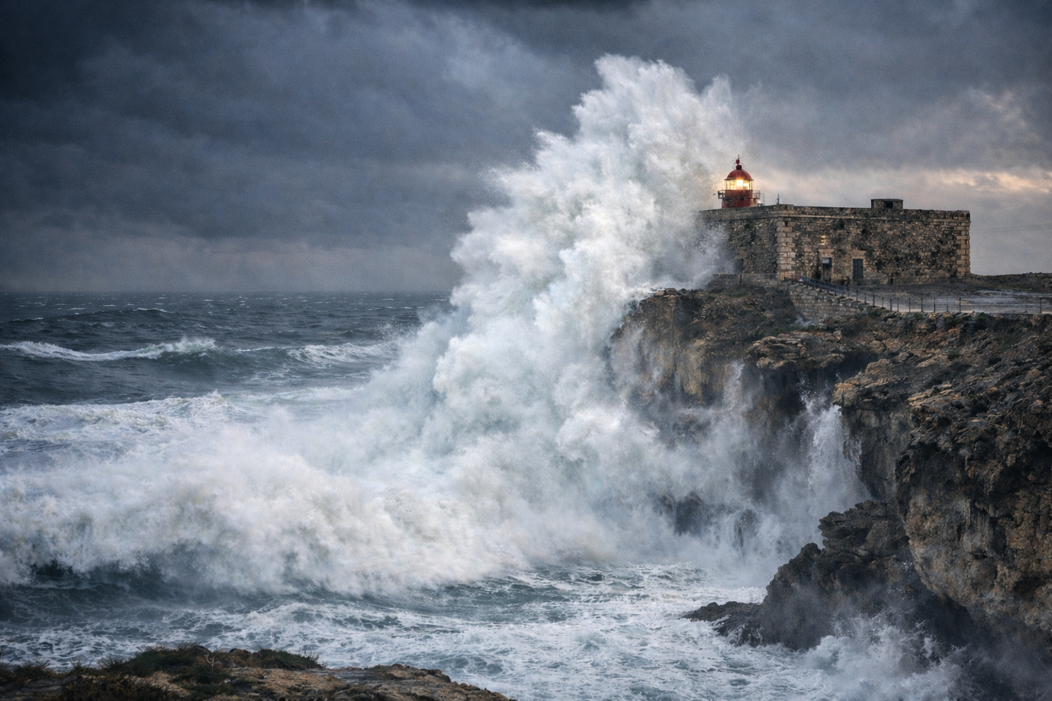 Onda de grandes dimensões a embater numa falésia da costa portuguesa durante forte agitação marítima. Imagem ilustrativa
