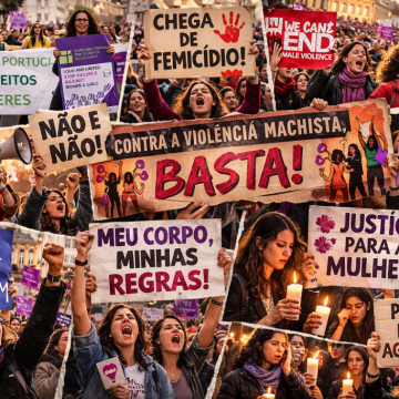 Colagem horizontal de fotografias reais de protestos de mulheres contra a violência machista, com cartazes em português, espanhol e inglês exigindo igualdade e justiça.