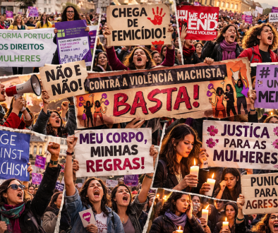 Colagem horizontal de fotografias reais de protestos de mulheres contra a violência machista, com cartazes em português, espanhol e inglês exigindo igualdade e justiça.