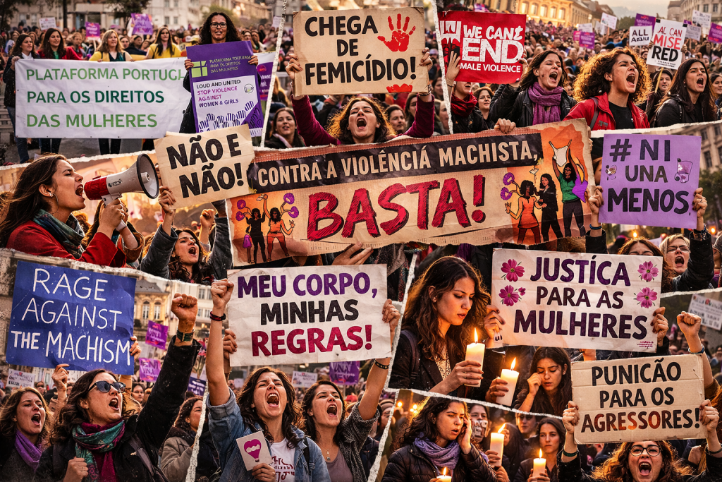 Colagem horizontal de fotografias reais de protestos de mulheres contra a violência machista, com cartazes em português, espanhol e inglês exigindo igualdade e justiça.