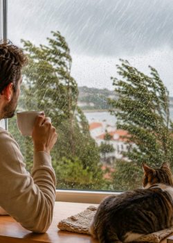 Homem com uma chávena de café e gato junto à janela observam a chuva e o vento durante uma tempestade.