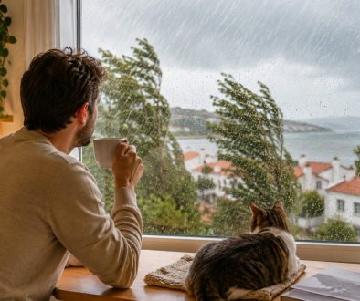 Homem com uma chávena de café e gato junto à janela observam a chuva e o vento durante uma tempestade.