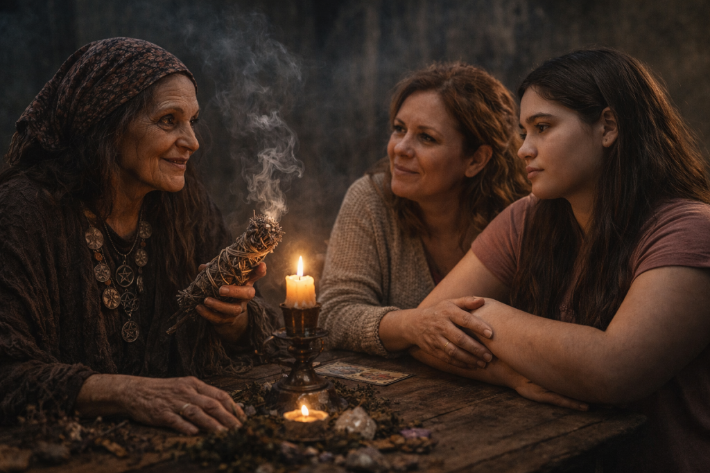 bruxa portuguesa com lenço a realizar ritual de proteção com mãe e filha energia negativa