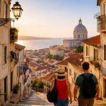 Ruas de Alfama com azulejos, escadaria e vista sobre Lisboa e o rio Tejo ao pôr do sol durante caminhada urbana