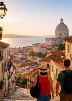 Ruas de Alfama com azulejos, escadaria e vista sobre Lisboa e o rio Tejo ao pôr do sol durante caminhada urbana