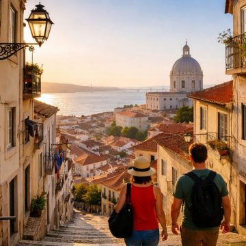 Ruas de Alfama com azulejos, escadaria e vista sobre Lisboa e o rio Tejo ao pôr do sol durante caminhada urbana