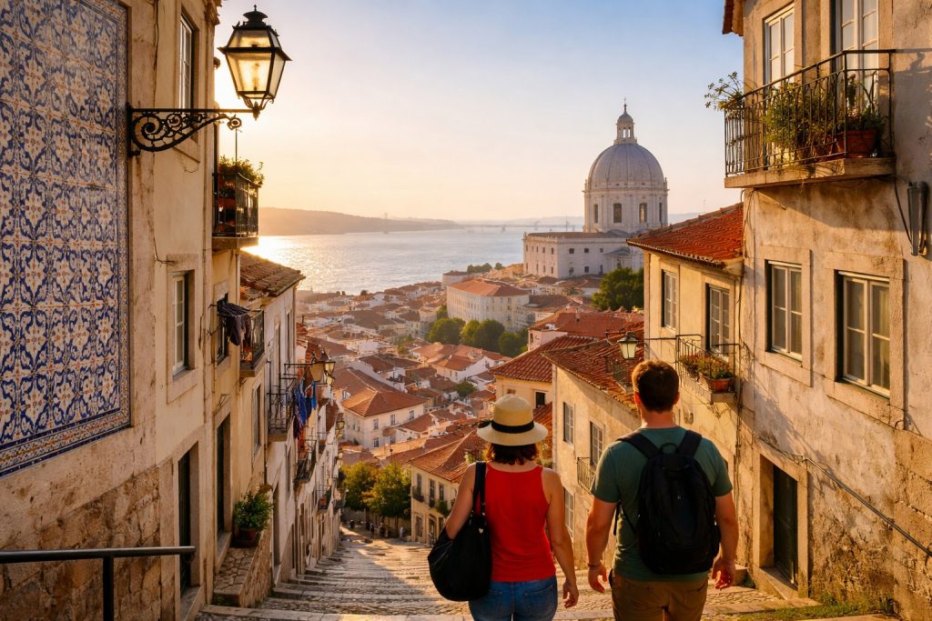 Ruas de Alfama com azulejos, escadaria e vista sobre Lisboa e o rio Tejo ao pôr do sol durante caminhada urbana