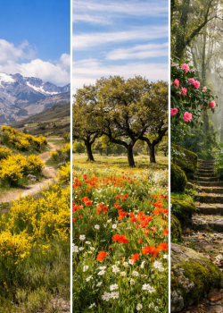 Colagem vertical com cinco paisagens de Portugal em março: falésias do Algarve com flores, Serra da Estrela com giestas e neve, campo florido no Alentejo com sobreiros, trilho verdejante em Sintra e vinhas do Douro com amendoeiras em flor.