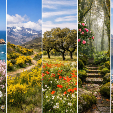 Colagem vertical com cinco paisagens de Portugal em março: falésias do Algarve com flores, Serra da Estrela com giestas e neve, campo florido no Alentejo com sobreiros, trilho verdejante em Sintra e vinhas do Douro com amendoeiras em flor.