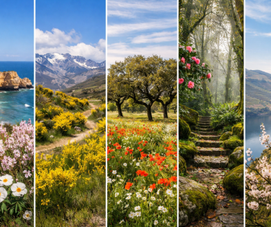 Colagem vertical com cinco paisagens de Portugal em março: falésias do Algarve com flores, Serra da Estrela com giestas e neve, campo florido no Alentejo com sobreiros, trilho verdejante em Sintra e vinhas do Douro com amendoeiras em flor.