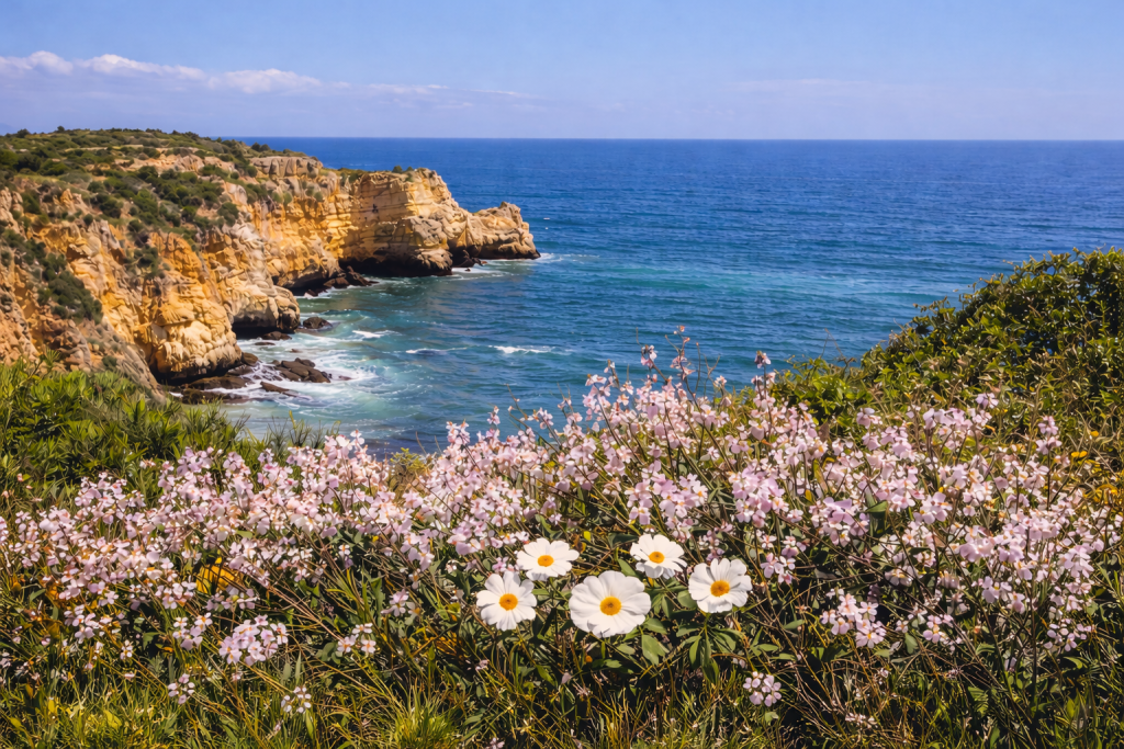 Flores selvagens rosa e brancas em primeiro plano sobre falésias douradas do Algarve, com o mar azul-turquesa e céu limpo ao fundo, em início de primavera.