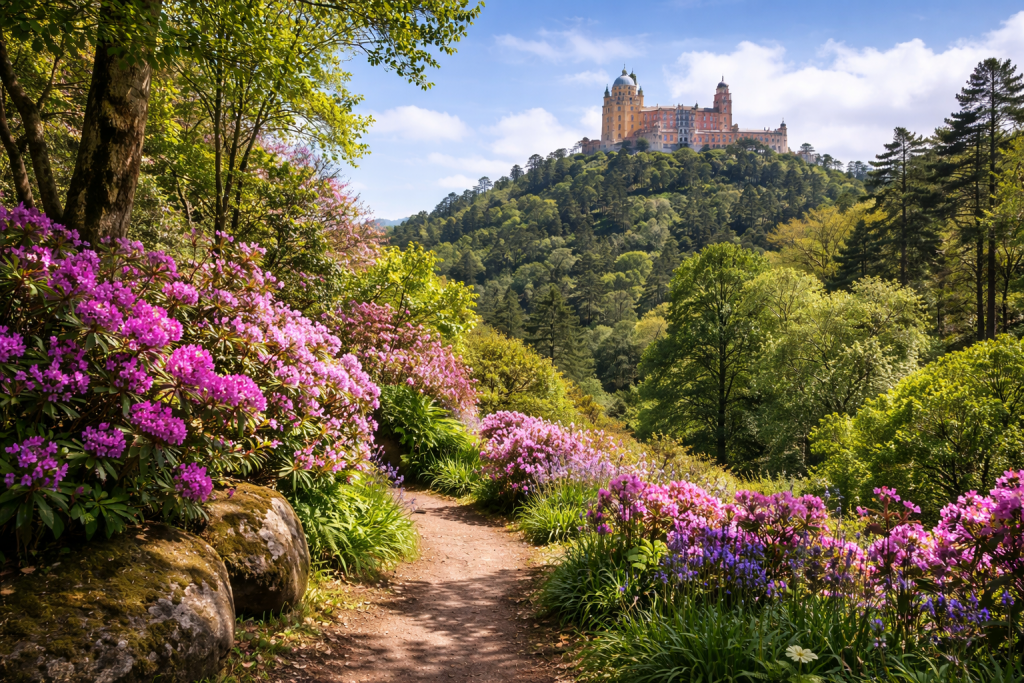 Trilho ajardinado em Sintra rodeado de camélias cor-de-rosa e vegetação exuberante, com vista elevada sobre colinas verdes sob céu parcialmente limpo na primavera.