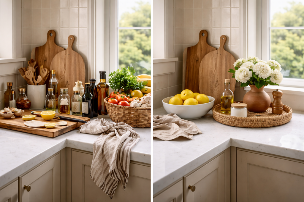 Bancada de cozinha limpa e organizada com poucos objetos, luz natural e materiais neutros
