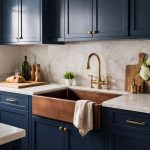 Cozinha luminosa com armários azul-meia-noite, ferragens em latão e lava-loiça em cobre sobre bancada clara