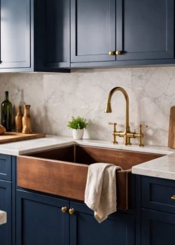 Cozinha luminosa com armários azul-meia-noite, ferragens em latão e lava-loiça em cobre sobre bancada clara