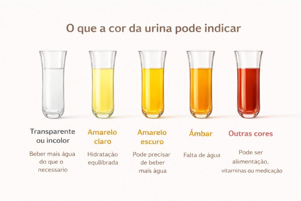 frascos de laboratório com diferentes cores de urina apresentados como guia visual de hidratação