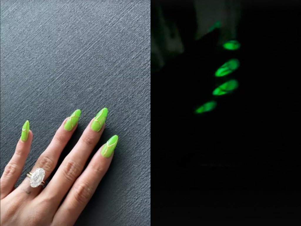 Hailey Bieber no Instagram: unhas que brilham no escuro dia e noite