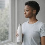 uma-mulher-de-pé-junta-a-uma -anela,-segurando-uma-garrafa-de-água