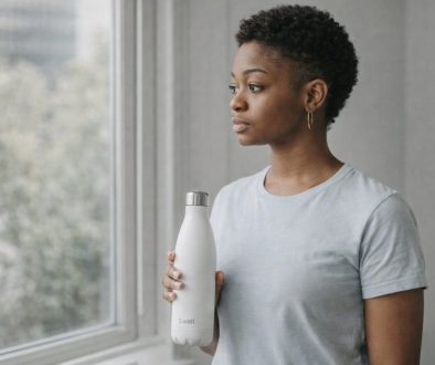 uma-mulher-de-pé-junta-a-uma -anela,-segurando-uma-garrafa-de-água