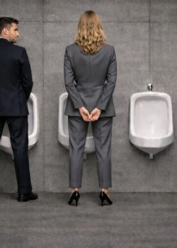 quatro profissionais de fato junto a urinóis numa casa de banho pública, com uma mulher ao centro