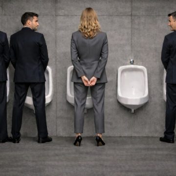 quatro profissionais de fato junto a urinóis numa casa de banho pública, com uma mulher ao centro