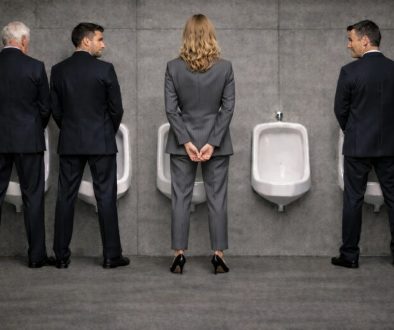 quatro profissionais de fato junto a urinóis numa casa de banho pública, com uma mulher ao centro