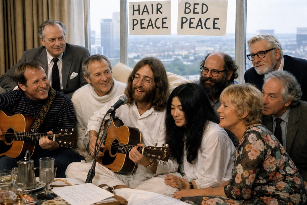 recriação artística de John Lennon, Yoko Ono e convidados a gravarem Give Peace a Chance num quarto de hotel em Montreal em 1969